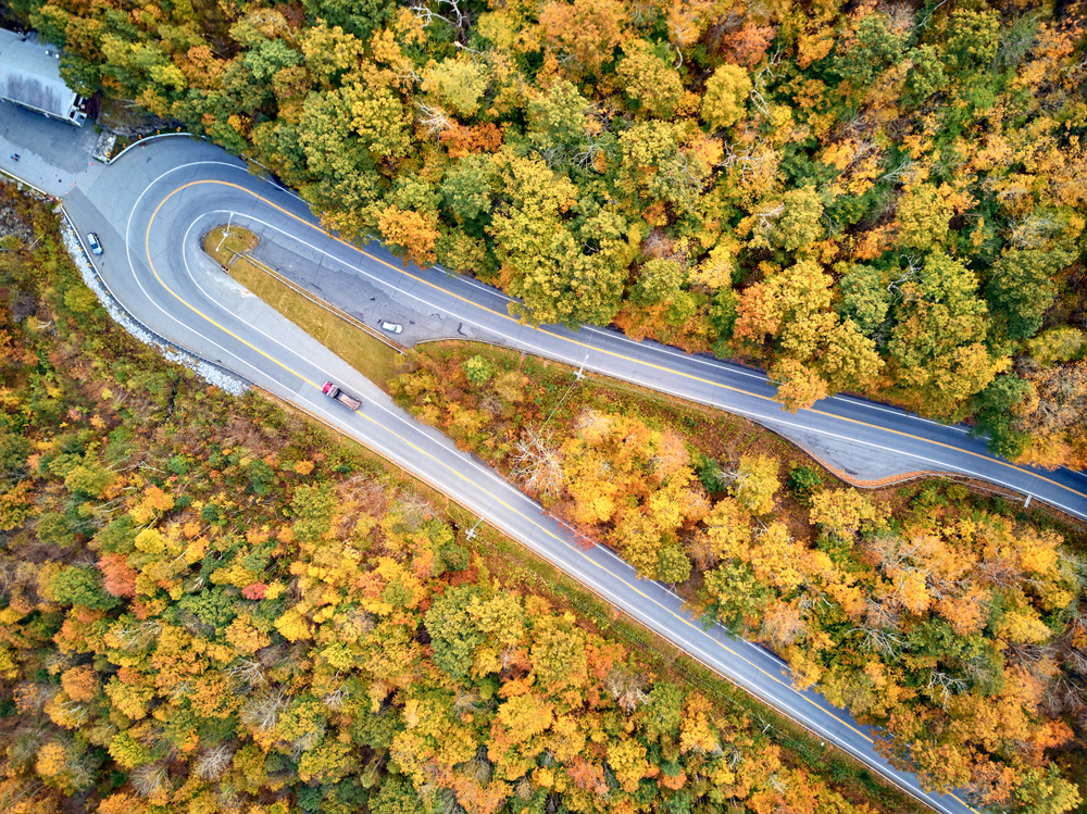 An overhead shot of the Mohawk Trail, which is one of the Most Scenic Fall Drives in the USA, shows the bend of a road as the trees turn from green to yellow.
