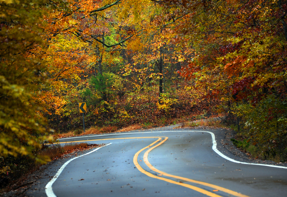 A close up of the Ozark Highlands Scenic Byway, which is one of the Most Scenic Fall Drives in the USA, shows a curvy road with fall foliage around, leaves dropping to the road.