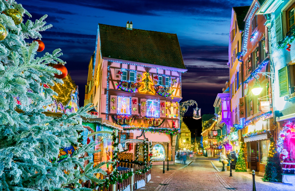 Colmar, Alsace, France. Christmas Market, Marche de Noel with gingerbread houses and local craftsmen, famous in Europe.