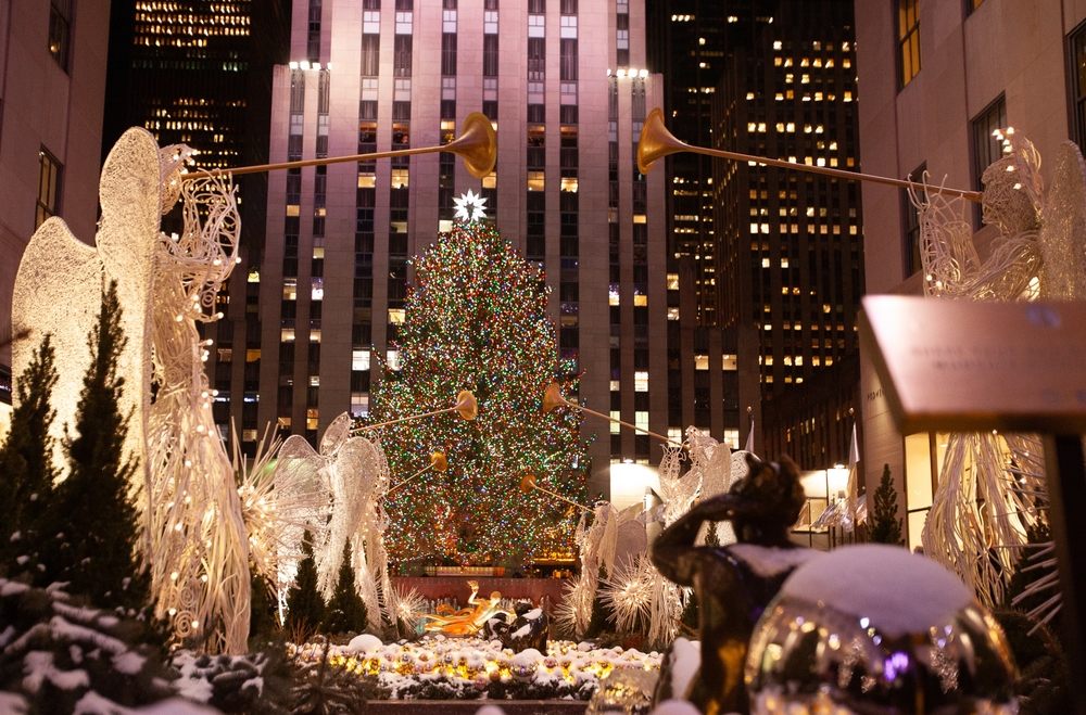 Christmas time in NYC with rockerfeller tree and empire state building