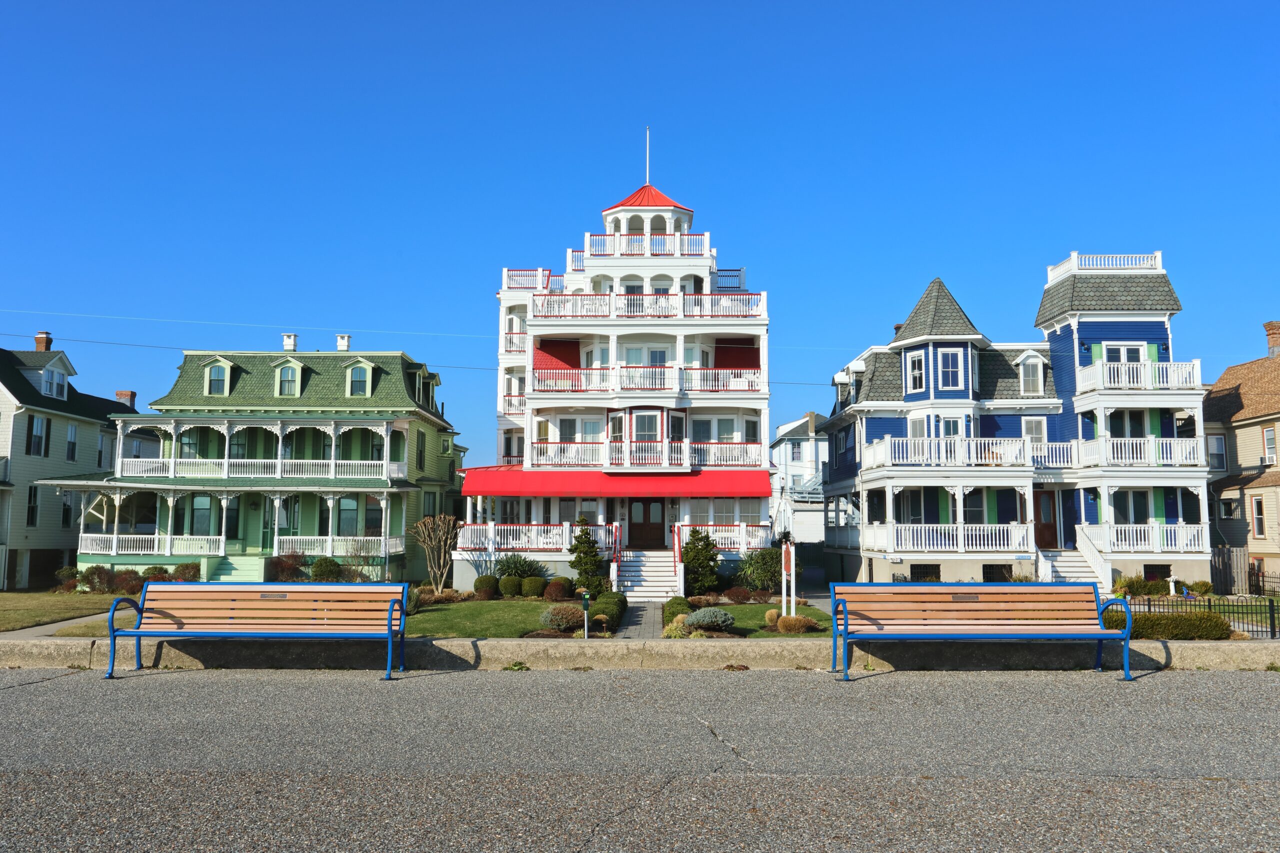 the victorian homes along the beach boardwalk in Cape May one of the best romantic small towns in the US
