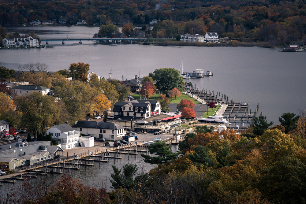 Aerial view of Saugatuck, Michigan during fall with water view