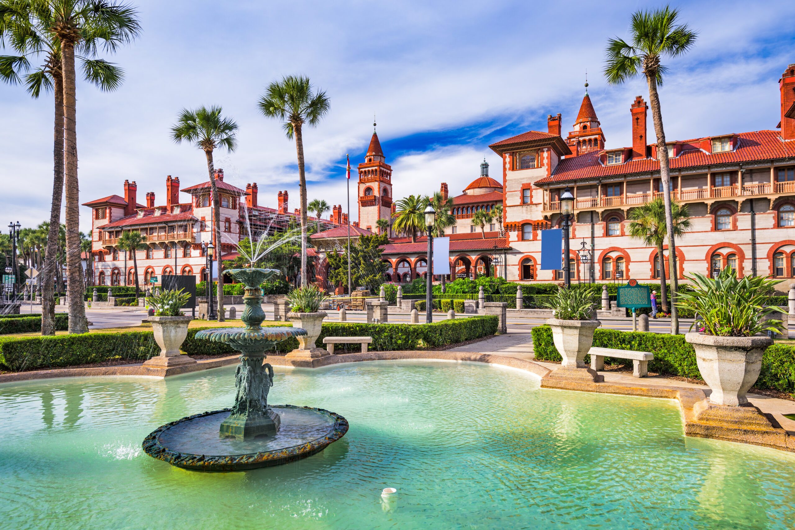 St. Augustine, Florida, USA town square and fountain is one of the areas for couples to walk in the counties oldest city