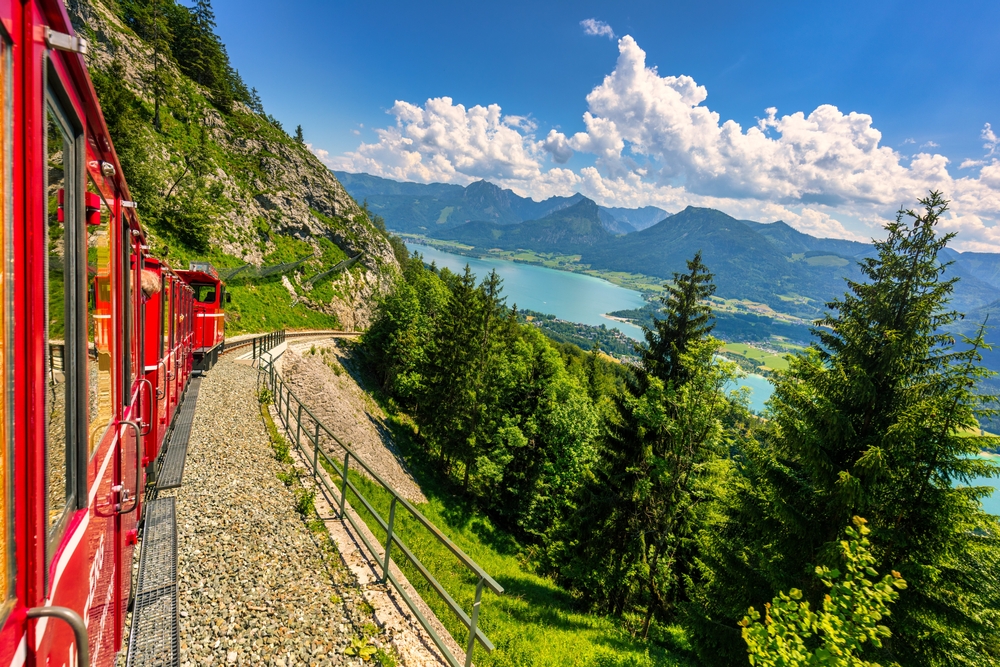 the Mariazell train in Austria is going by lake through mountains is one of the most scenic train rids in Europe