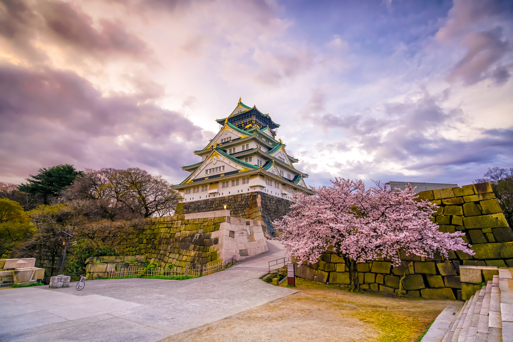 A walkway up to a temple shows off Japan's culture in its design, as well as with its cherry blossom trees lining the walkway. 