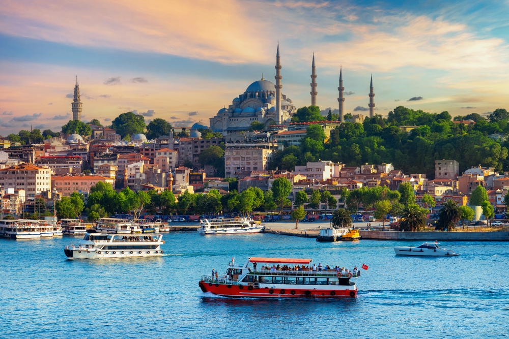 This photo of Turkey shows boats on the water at the edge of a city, pink buildings and castles and green trees towering the coast beyond the boats. 